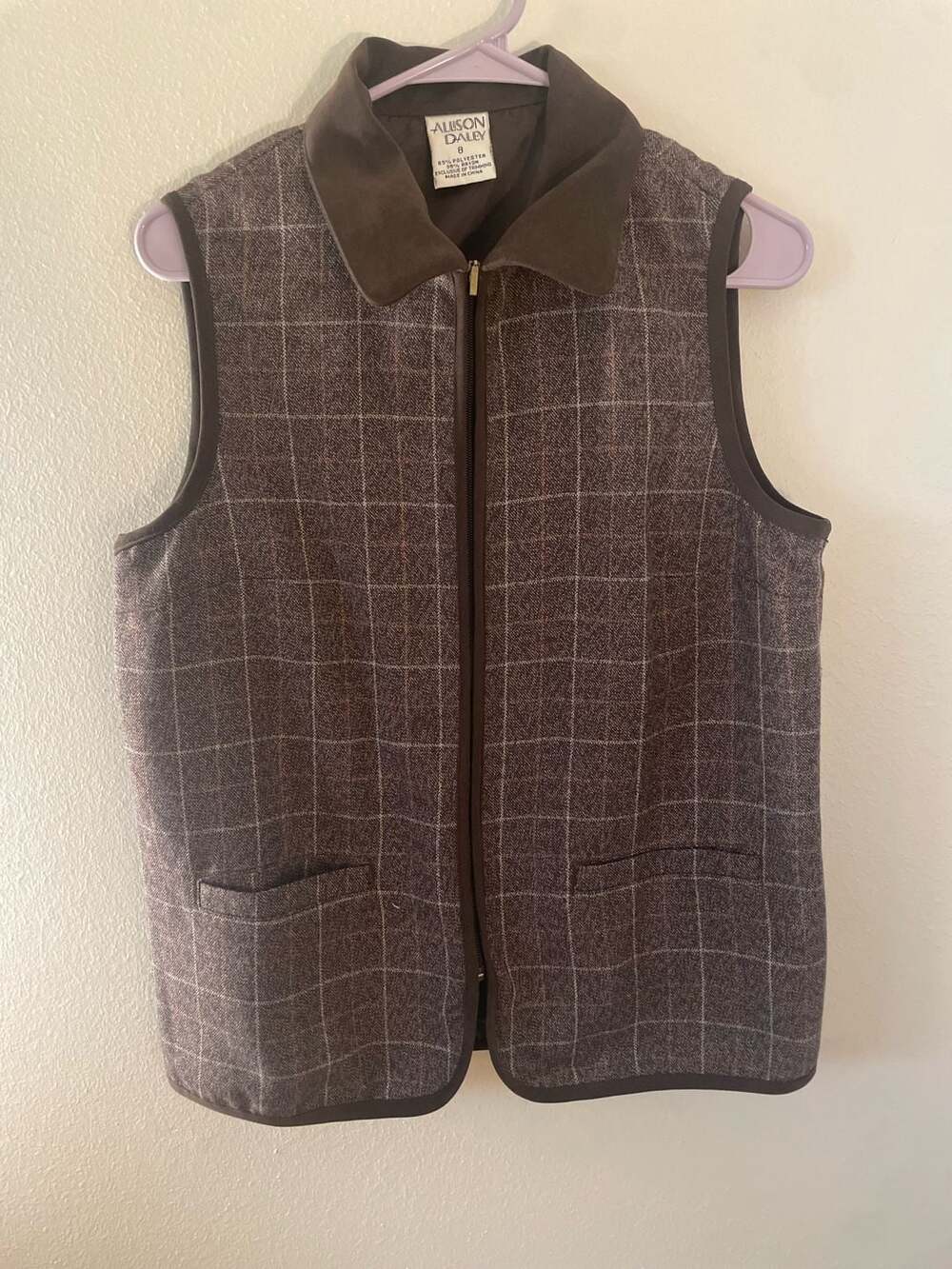 Vintage Allison Daley brown plaid faux suede vest